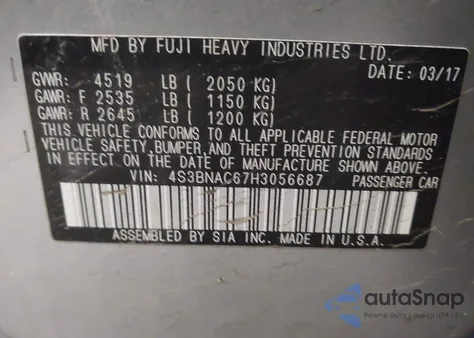 2017 Subaru Legacy 2.5I Premium z USA, uszkodzony, nr VIN 4S3BNAC67H3056687